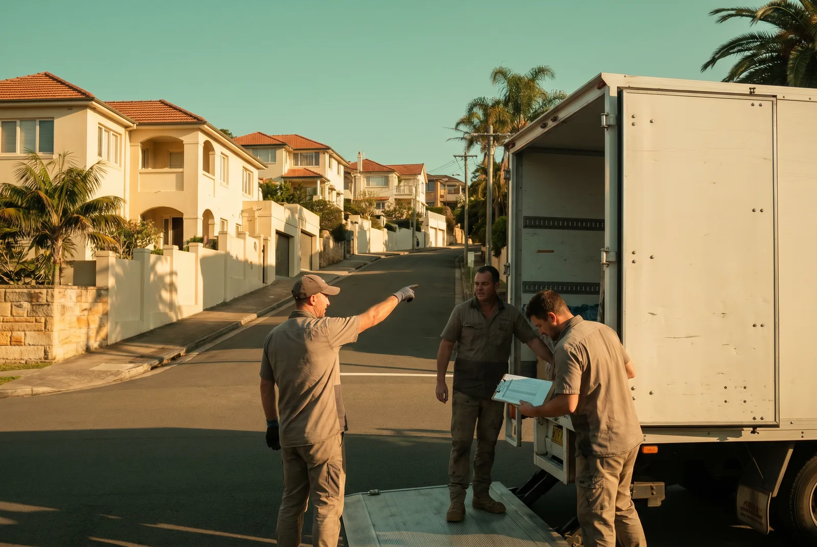 Three removalists at the truck tailgate planning the carry up a steep street
