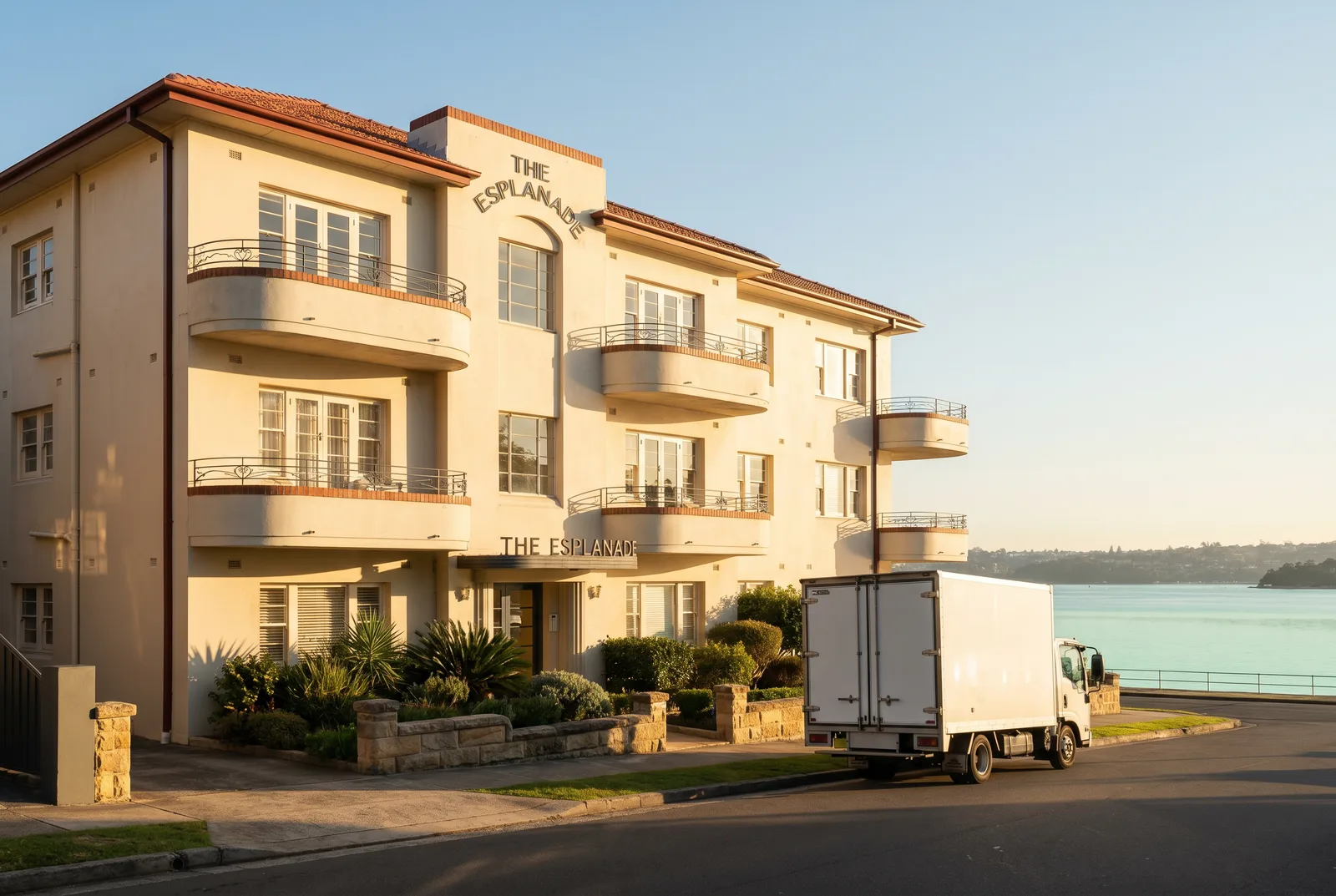 Cream art deco walk-up apartments near Balmoral Beach in early light