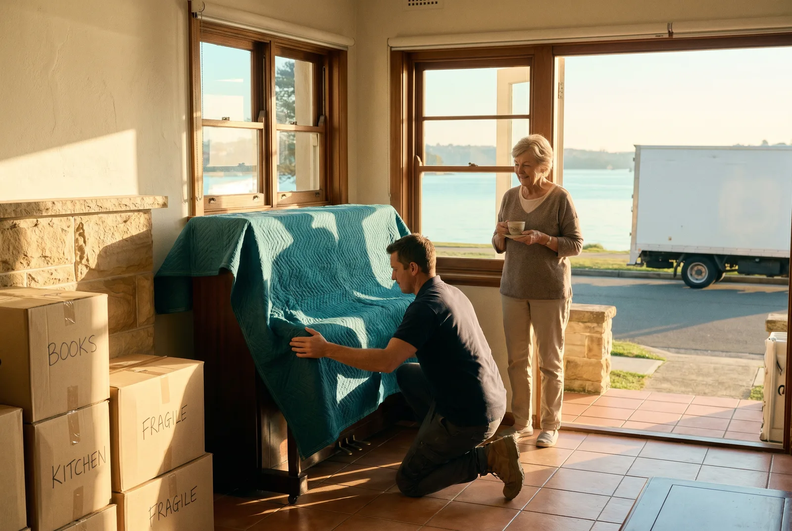 A removalist wrapping an upright piano in a teal blanket while the home owner watches with a cup of tea