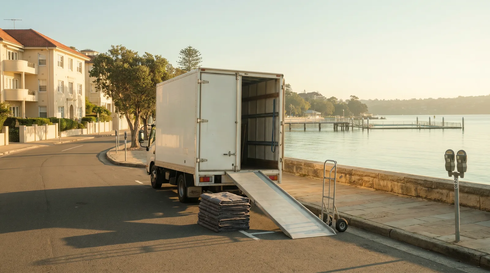 A removals truck with its ramp down on the Esplanade kerb at 7am