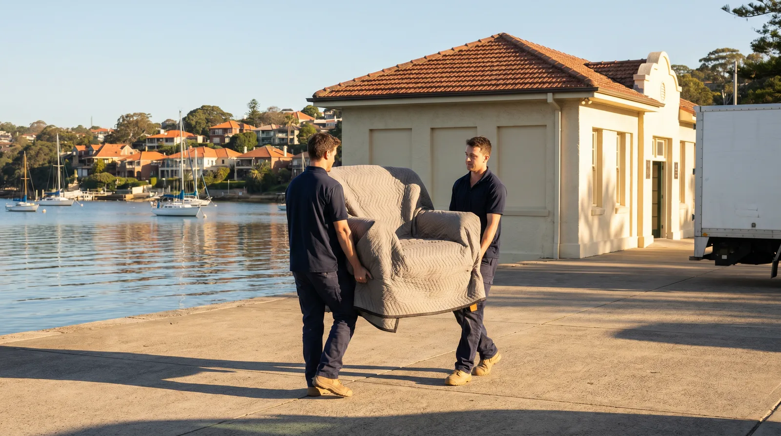 Two removalists carrying a wrapped armchair along the Balmoral beachfront promenade at 7am