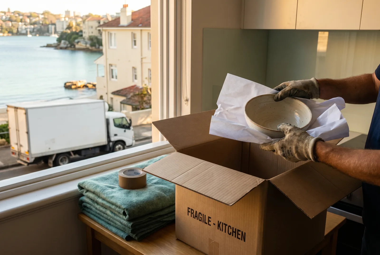 A removalist's hands wrapping a ceramic bowl in packing paper over an open carton, moving truck visible below the window