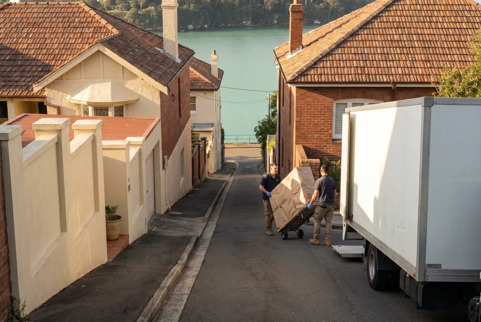 A steep Balmoral street dropping to Middle Harbour with a removals truck at the crest
