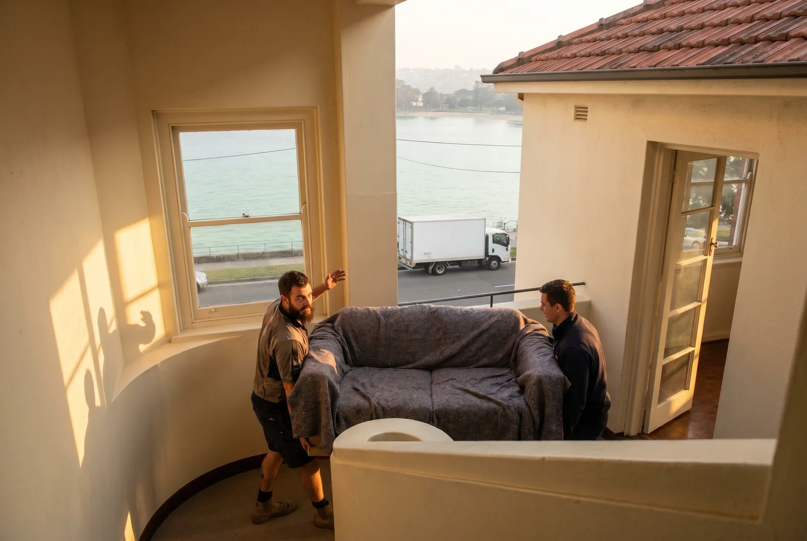 Two removalists steering a wrapped sofa around a walk-up landing